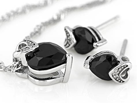 Black Spinel Rhodium Over Silver Earring, Pendant Chain Set 2.63ctw