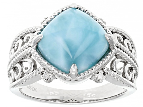 Blue Larimar Rhodium Over Sterling Silver Ring 0.02ctw