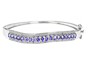 Blue Tanzanite And Round Diamond Rhodium Over Sterling Silver "Bangle Bracelet 2.93ctw