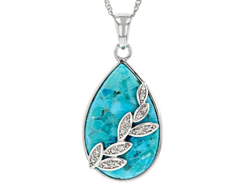 Picture of Blue Turquoise Rhodium Over Sterling Silver Pendant With Chain .04ctw