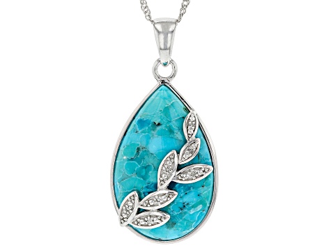 Blue Turquoise Rhodium Over Sterling Silver Pendant With Chain .04ctw
