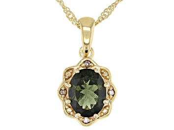 Picture of Green Moldavite With Champagne Diamond 18K Gold Over Sterling Silver Pendant With Chain 1.20ctw