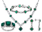 Green Onyx And White Diamond Rhodium Over Brass Necklace, Bracelet, Ring And Earring Set 7.27ctw