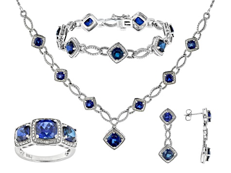 Blue Lab Sapphire & Diamond Rhodium Over Brass Necklace, Bracelet, Ring & Earring Set 18.41ctw