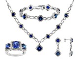 Blue Lab Sapphire & Diamond Rhodium Over Brass Necklace, Bracelet, Ring & Earring Set 18.41ctw