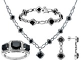 Black Spinel And White Diamond Rhodium Over Brass Necklace, Bracelet, Ring And Earring Set 17.55ctw