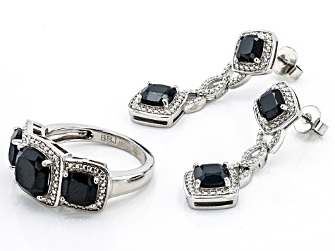 Black Spinel And White Diamond Rhodium Over Brass Necklace, Bracelet, Ring And Earring Set 17.55ctw