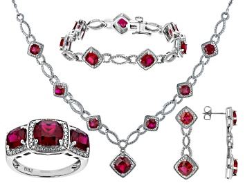 Picture of Lab Ruby And White Diamond Rhodium Over Brass Necklace, Bracelet, Ring And Earring Set 18.41ctw