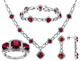 Lab Ruby And White Diamond Rhodium Over Brass Necklace, Bracelet, Ring And Earring Set 18.41ctw