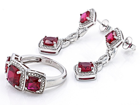 Lab Ruby And White Diamond Rhodium Over Brass Necklace, Bracelet, Ring And Earring Set 18.41ctw