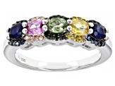 Multi Color Sapphire And Multi Color Diamond Rhodium Over Sterling Silver Ring 1.23ctw