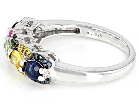 Multi Color Sapphire And Multi Color Diamond Rhodium Over Sterling Silver Ring 1.23ctw