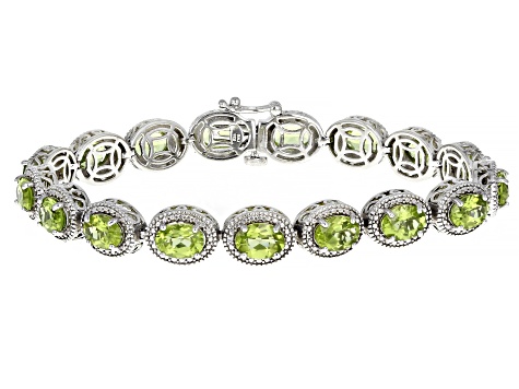 Green Peridot With White Diamond Rhodium Over Sterling Silver Bracelet 12.56ctw