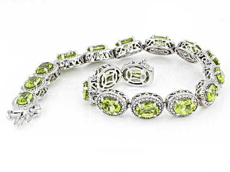 Green Peridot With White Diamond Rhodium Over Sterling Silver Bracelet 12.56ctw