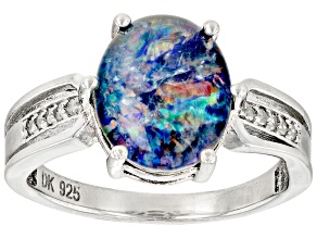 Multi Color Australian Opal Triplet Rhodium Over Sterling Silver Ring