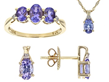 Picture of Blue Tanzanite 10K Yellow Gold Ring, Earrings and Pendant Jewelry Set 2.68ctw