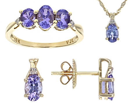 Blue Tanzanite 10K Yellow Gold Ring, Earrings and Pendant Jewelry Set 2.68ctw