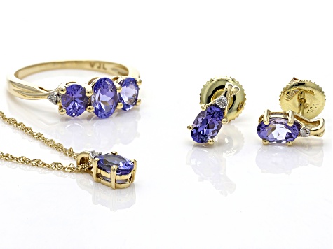 Blue Tanzanite 10K Yellow Gold Ring, Earrings and Pendant Jewelry Set 2.68ctw