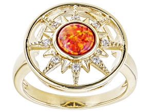Orange Lab Created Opal & White Zircon 18k Yellow Gold Over Silver Sun Ring 0.43ctw