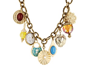 Multi-Gemstone & Acrylic Gold Tone Charm Necklace