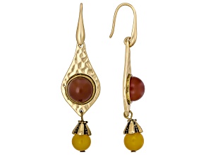 Carnelian & Quartz Simulants Hammered Matte Gold Tone Dangle Earrings