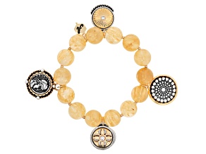Rutilated Quartz Simulant, Pearl Simulant Beaded Two-Tone Coin Replica Stretch Bracelet