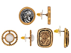 Crystal Cabochon & Coin Replica Two-Tone Stud Earring Set of 3