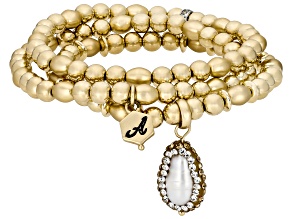 Cultured Freshwater Pearl, Crystal Gold  Tone Stretch Bracelet Set of 3