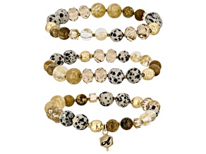 Jasper, Dalmation Stone & Crystal Matte Gold Tone  Beaded Stretch Bracelet Set of 3