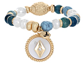 Mother-of-Pearl, Blue Agate, Pearl Simulant & Crystal Matte Gold Tone Stretch Bracelet