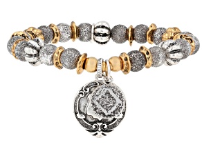 Two-Tone Shield Charm Beaded Stretch Bracelet