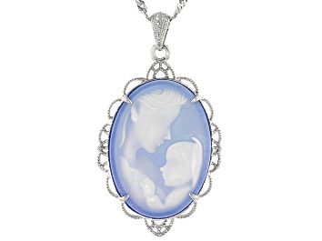 Picture of Blue agate mother and child cameo rhodium over silver pendant with chain