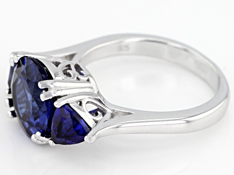 Blue lab created sapphire rhodium over silver ring 4.45ctw