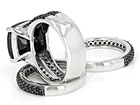 Black spinel rhodium over silver 3 ring set 11.16ctw