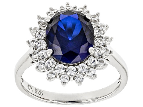 Blue lab created sapphire rhodium over silver ring 4.77ctw