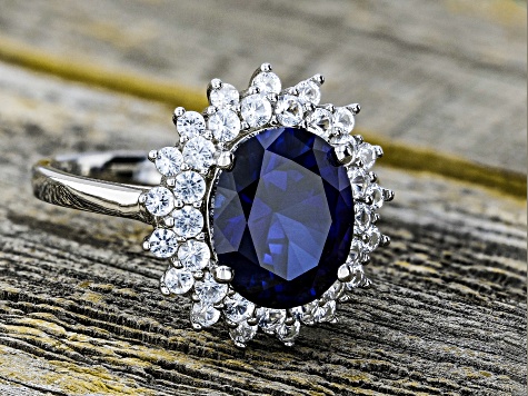 Blue lab created sapphire rhodium over silver ring 4.77ctw
