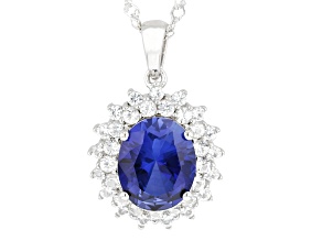 Blue lab created sapphire rhodium over silver pendant with chain 4.77ctw