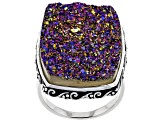 Peacock Color Drusy Quartz Rhodium Over Sterling Silver Ring