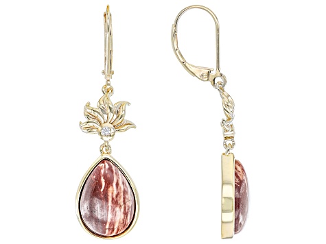 Red Chalcedony &  White Zircon 18K Yellow Gold Over Silver Flower Detail Earrings 0.07ctw