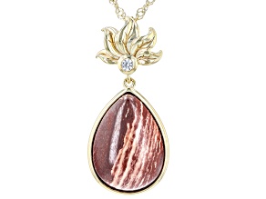 Red Chalcedony & White Zircon 18K Yellow Gold Over Silver Flower Detail Pendant With Chain 0.03ct