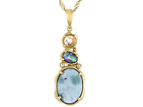 Multi Color Mosaic Opal Triplet 18K Yellow Gold Over Silver Pendant