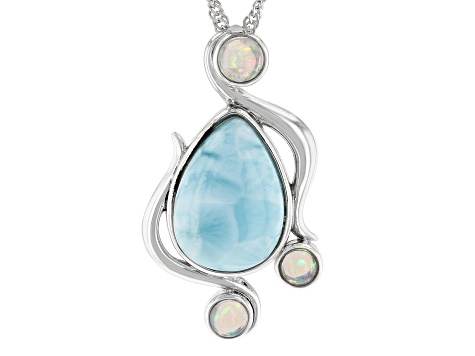 Blue Larimar and Ethiopian Opal Rhodium Over Sterling Silver Pendant with Chain