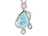 Blue Larimar and Ethiopian Opal Rhodium Over Sterling Silver Pendant with Chain