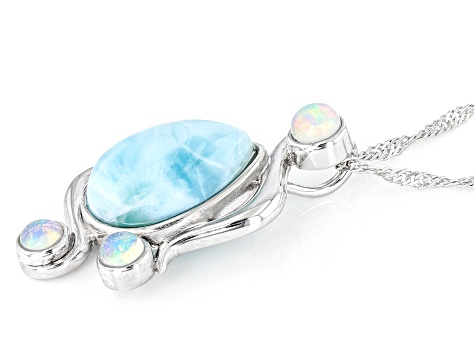 Blue Larimar and Ethiopian Opal Rhodium Over Sterling Silver Pendant with Chain