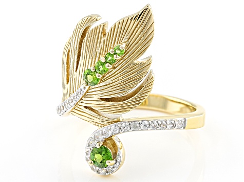 Chrome Diopside & White Zircon 18K Yellow Gold Over Silver Feather Ring 0.52ctw
