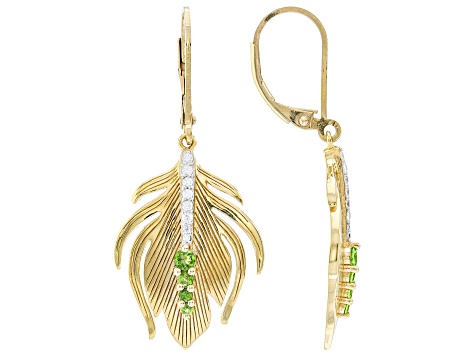 Chrome Diopside & White Zircon 18K Yellow Gold Over Silver Feather Earrings