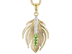 Chrome Diopside & White Zircon 18K Yellow Gold Over Silver Feather Pendant With Chain