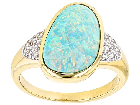 Green Lab Created Opal & White Zircon 18K Yellow Gold Over Silver Ring 0.23ctw