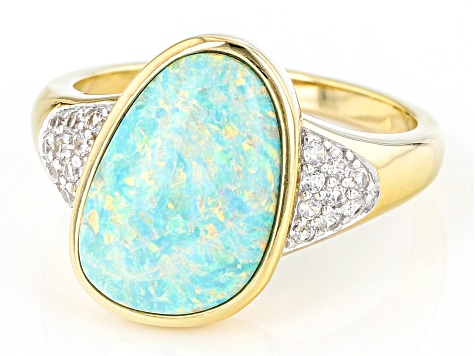 Green Lab Created Opal & White Zircon 18K Yellow Gold Over Silver Ring 0.23ctw