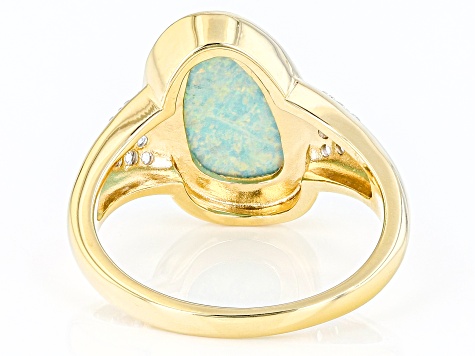 Green Lab Created Opal & White Zircon 18K Yellow Gold Over Silver Ring 0.23ctw